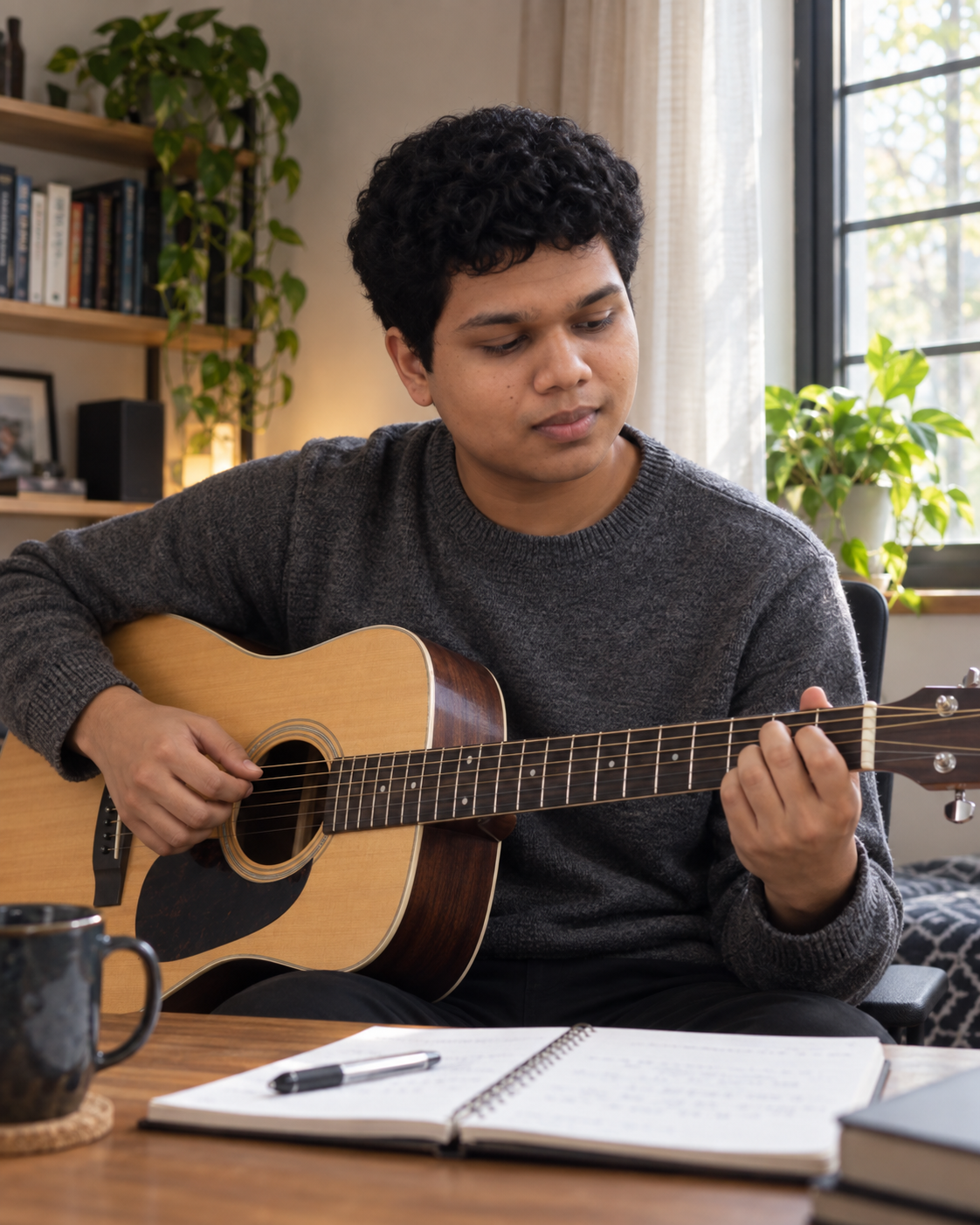 Conceptual portrait of Yethikrishna R checking a guitar chord.