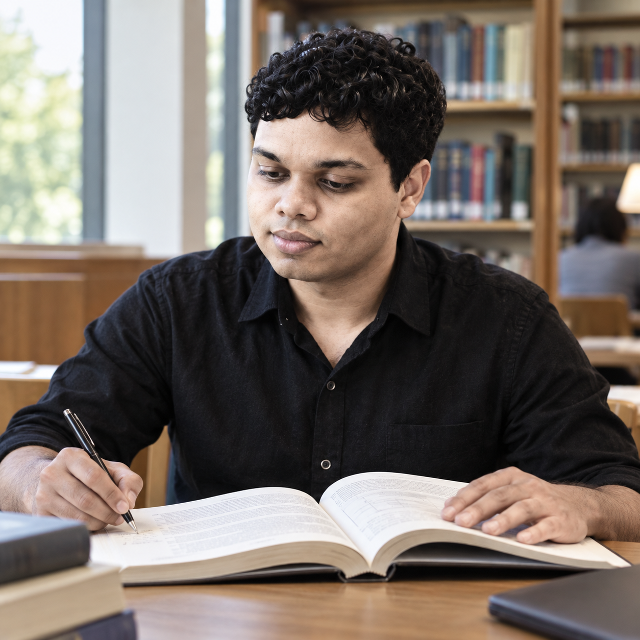Conceptual portrait of Yethikrishna R reading in a library.