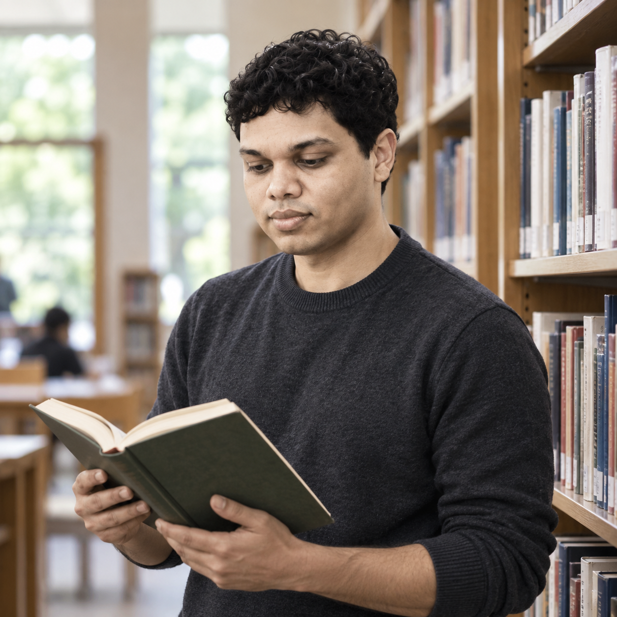 Conceptual portrait of Yethikrishna R walking through a library.