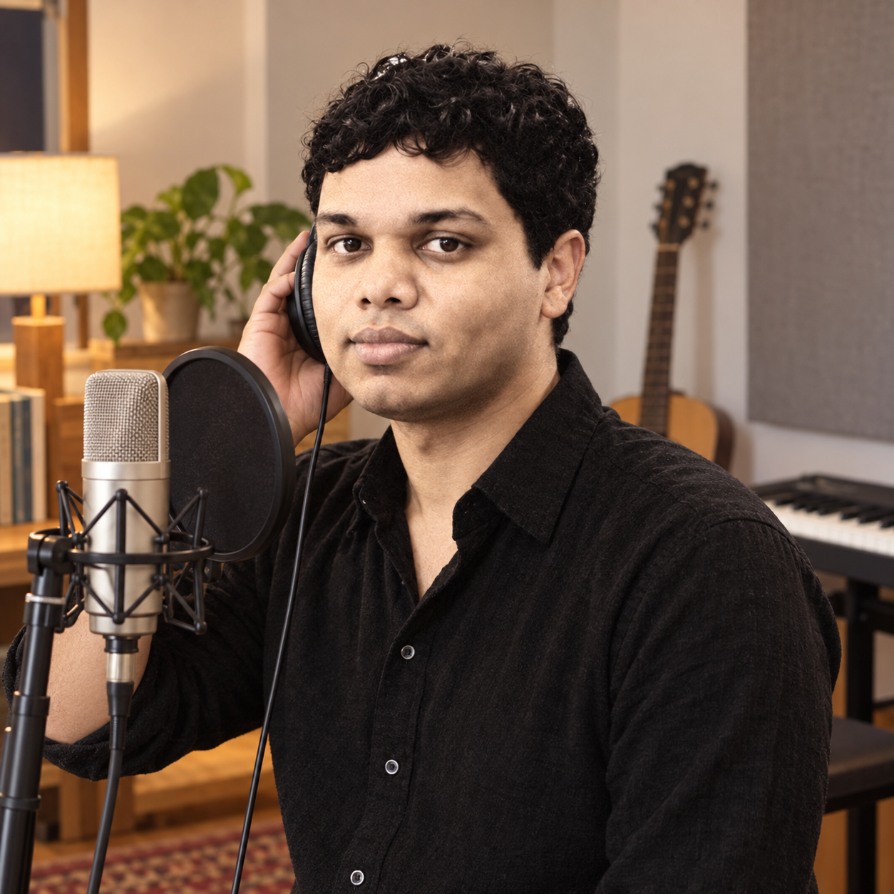 Conceptual portrait of Yethikrishna R checking vocals in a music room.