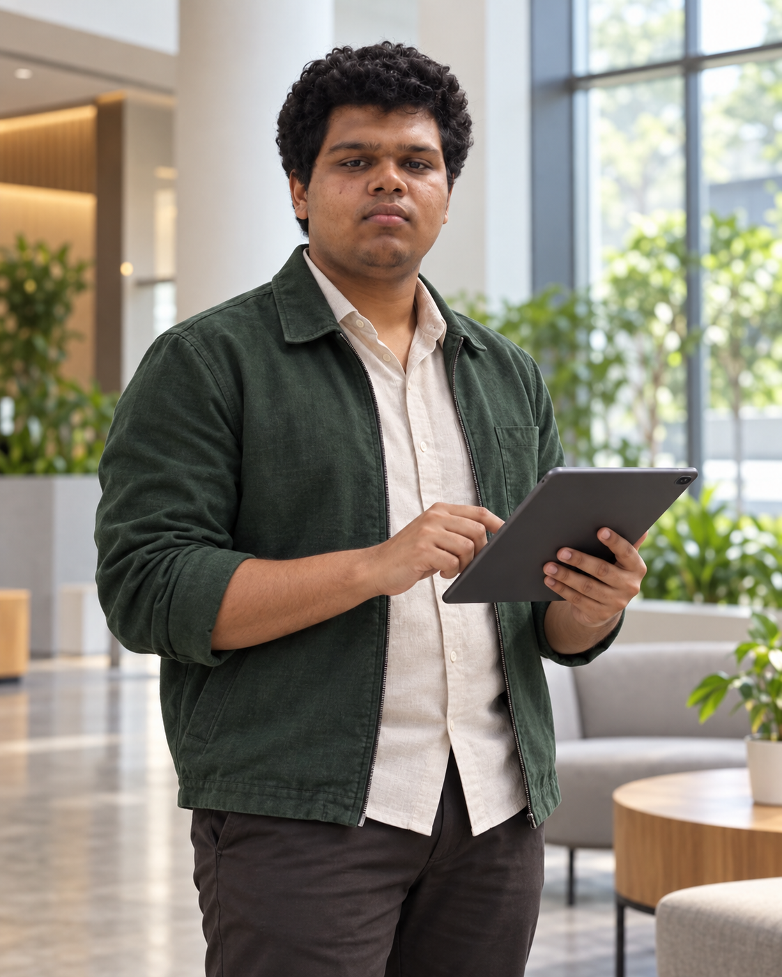 Conceptual portrait of Yethikrishna R in a bright atrium.
