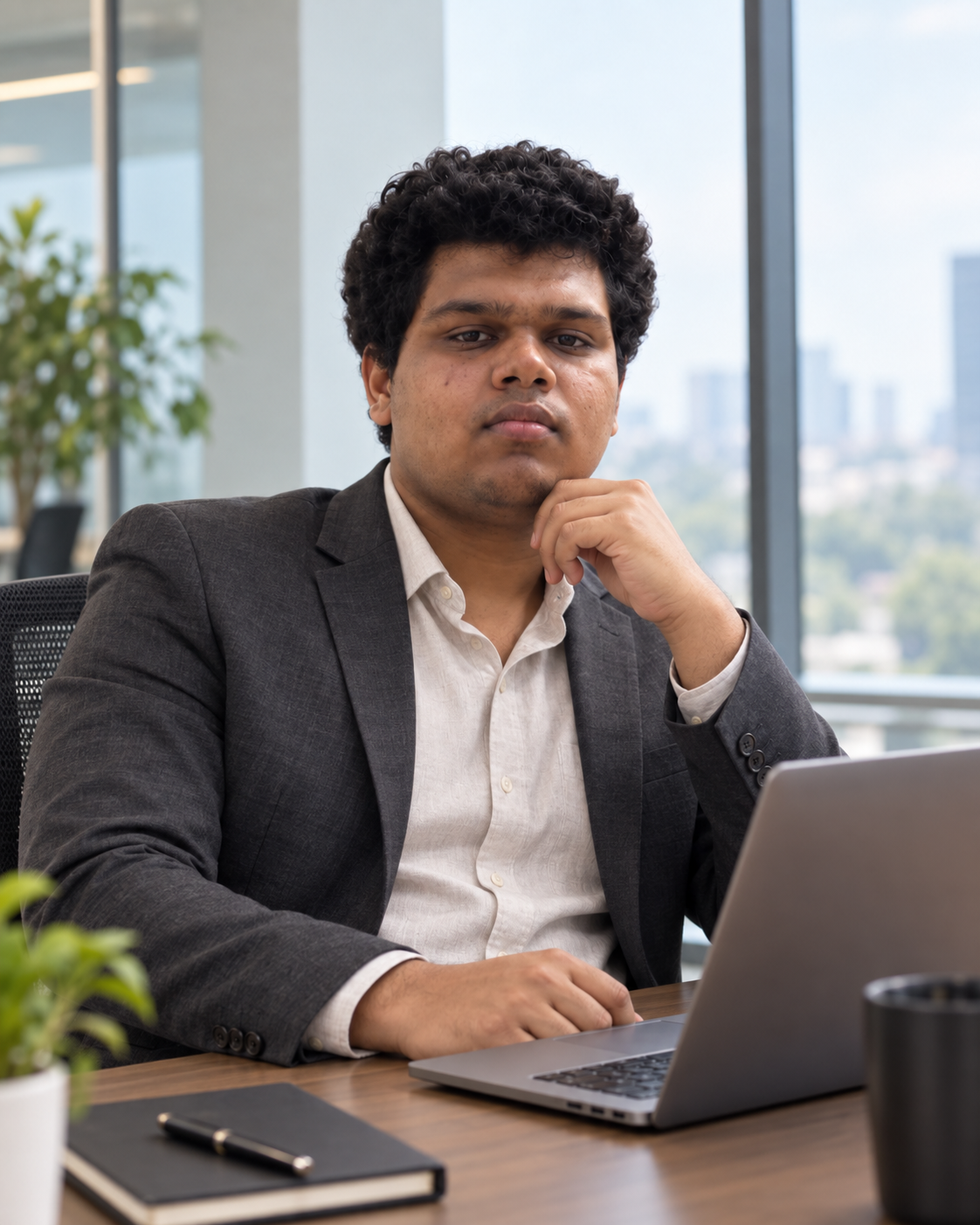 Conceptual portrait of Yethikrishna R, founder of Mynd Labs, seated in an office setting.