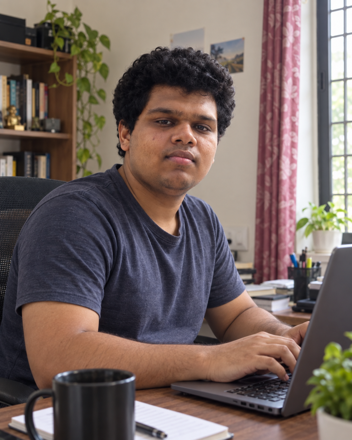 Conceptual candid-style portrait of Yethikrishna R as an engineer at a home workspace.