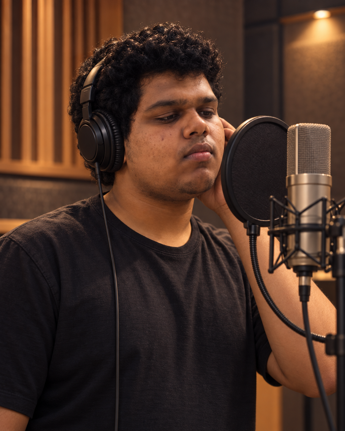 Conceptual portrait of recording artist Yethikrishna R beside a microphone in a vocal booth setting.