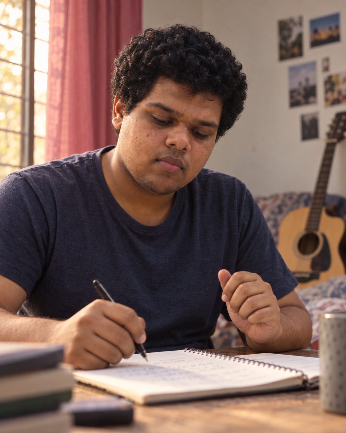 Conceptual candid-style portrait of recording artist Yethikrishna R writing in a notebook in a songwriting setting.