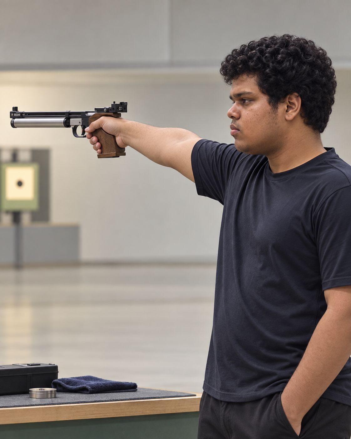 Conceptual portrait of Yethikrishna R, Olympic shooter from India, in a 10m air pistol practice stance at a generic range.