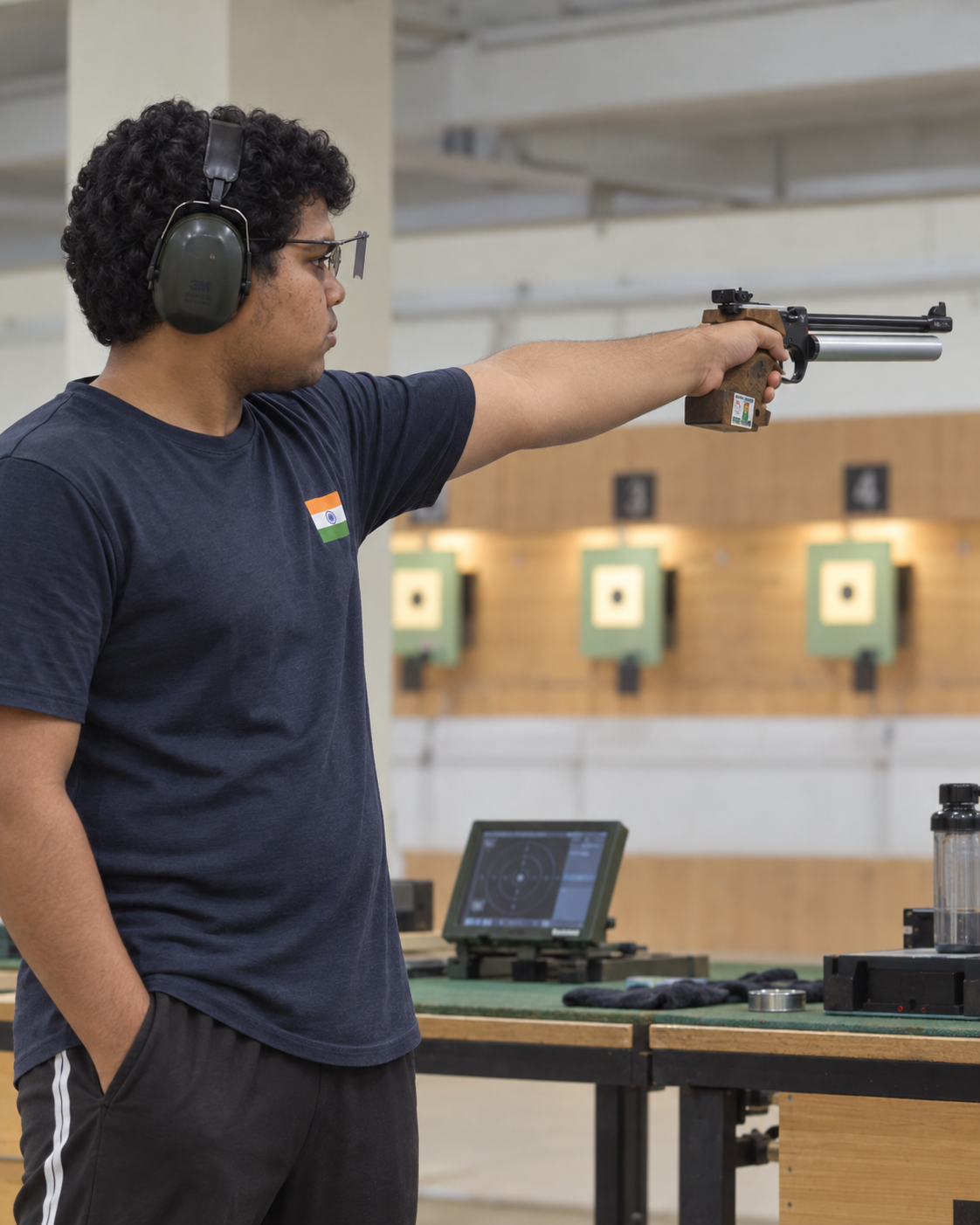 Conceptual portrait of Yethikrishna R, Olympic shooter from India, in a 10m air pistol stance at a generic range.