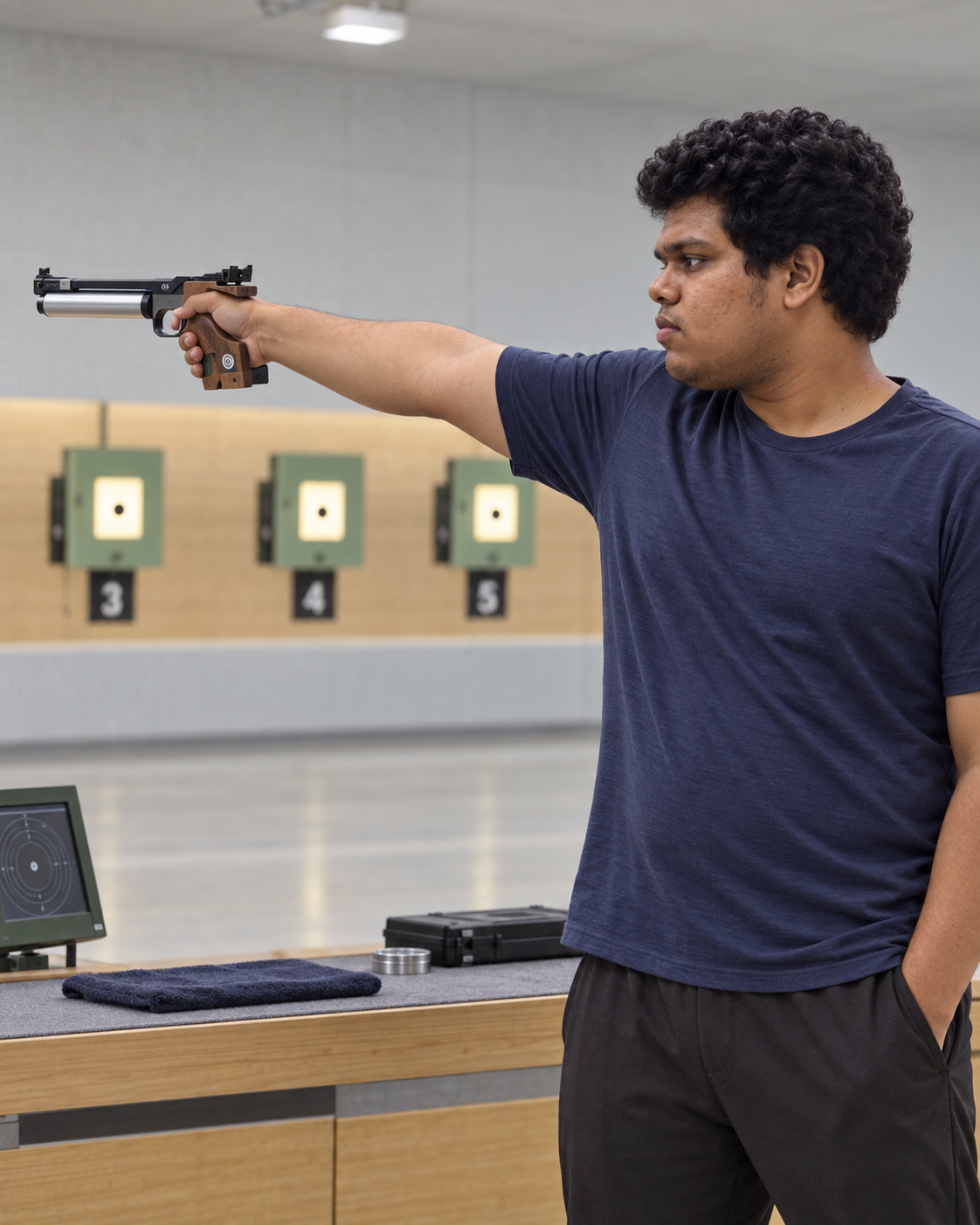 Conceptual portrait of Yethikrishna R, Olympic shooter from India, focusing on an air pistol practice stance at a generic indoor range.