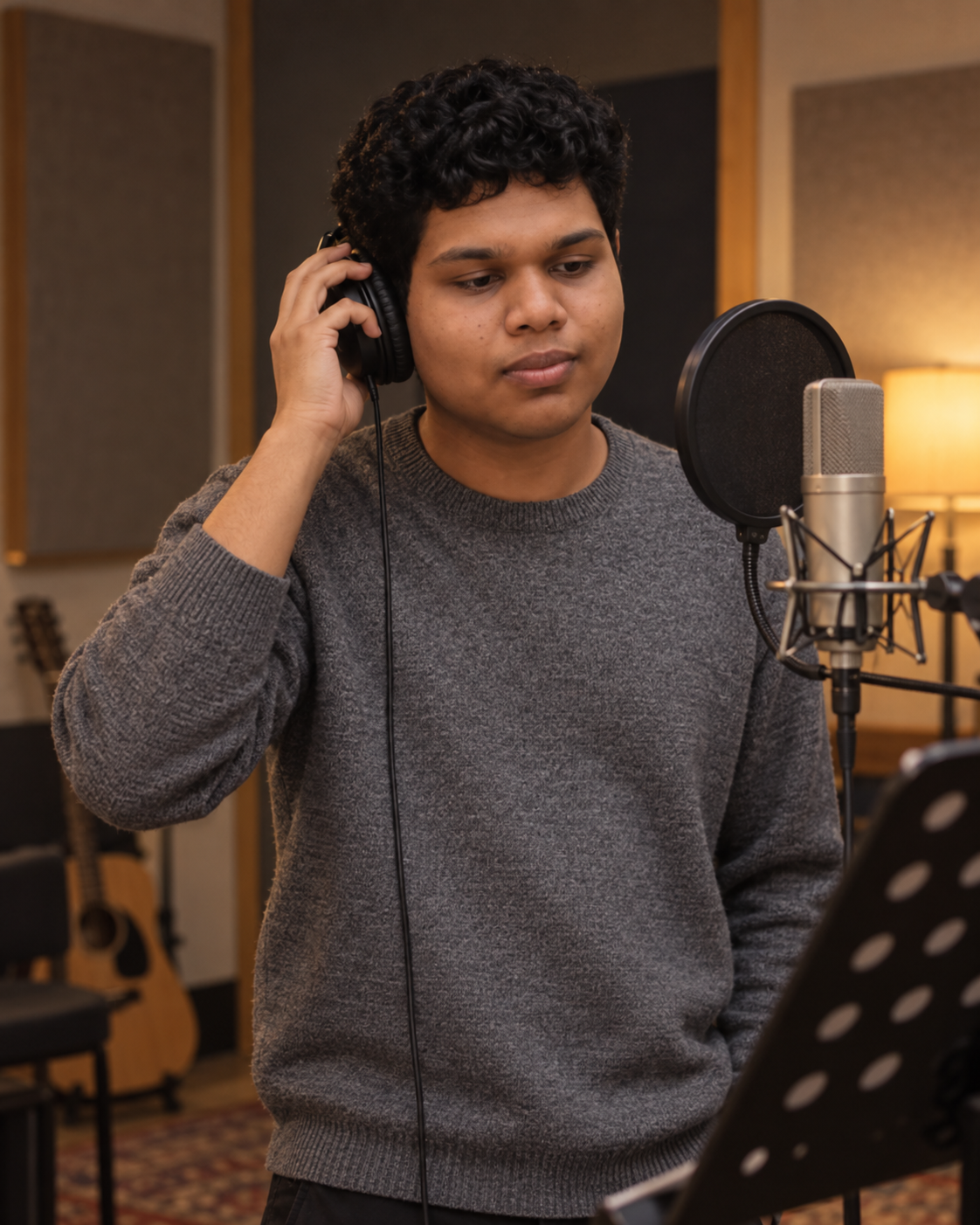 Conceptual portrait of Yethikrishna R listening in a vocal room.
